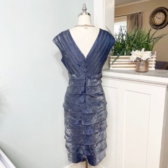 Adrianna Papell Blue Satin Shutter Pleat Tiered Layered Sheath Dress 4 - Picture 5 of 10